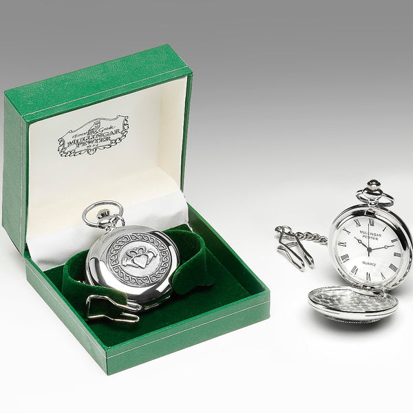 GENTS QUARTZ POCKET WATCH PEWTER SILVER METAL TIMEPIECE with claddagh design with celtic surround