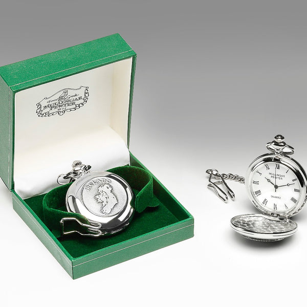 GENTS QUARTZ POCKET WATCH PEWTER SILVER METAL TIMEPIECE with map of Ireland.