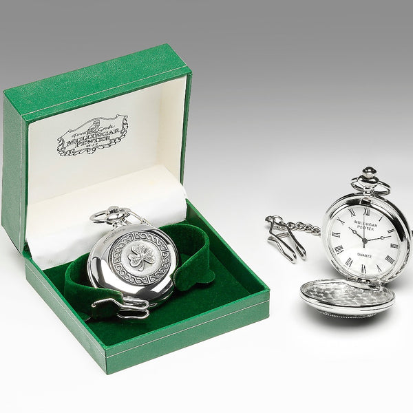 GENTS QUARTZ POCKET WATCH PEWTER SILVER METAL TIMEPIECE Shamrock design with Celtic interlace design