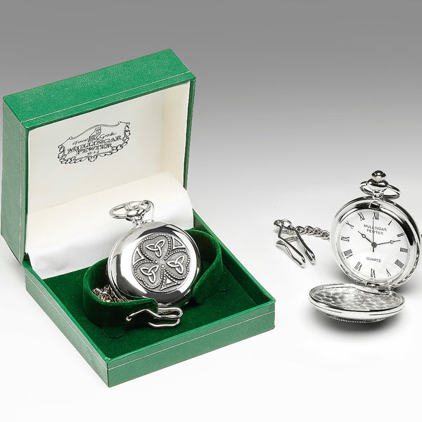 GENTS QUARTZ POCKET WATCH PEWTER SILVER METAL TIMEPIECE with shamrock trinity design. great Irish mans gift.