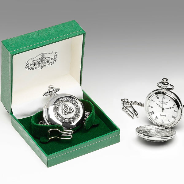 GENTS QUARTZ POCKET WATCH PEWTER SILVER METAL TIMEPIECE Trinity design with Celtic design.