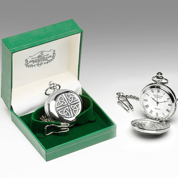 GENTS QUARTZ POCKET WATCH PEWTER SILVER METAL TIMEPIECE . this watch has the Trinity shield  on the face. can also be engraved on rear.