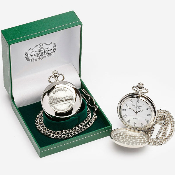GENTS QUARTZ POCKET WATCH PEWTER SILVER METAL TIMEPIECE ÉTAIN HARTZINN PELTRO CELTIC CLADDAGH SHAMROCK IRELAND TRINITY