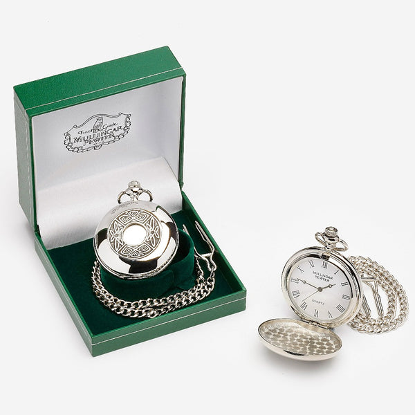 GENTS QUARTZ POCKET WATCH PEWTER SILVER METAL TIMEPIECE with Celtic design from the Bealin Cross