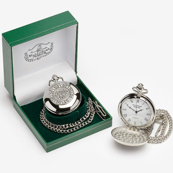 GENTS QUARTZ POCKET WATCH PEWTER SILVER METAL TIMEPIECE . Celtic spiral with Celtic surround design.