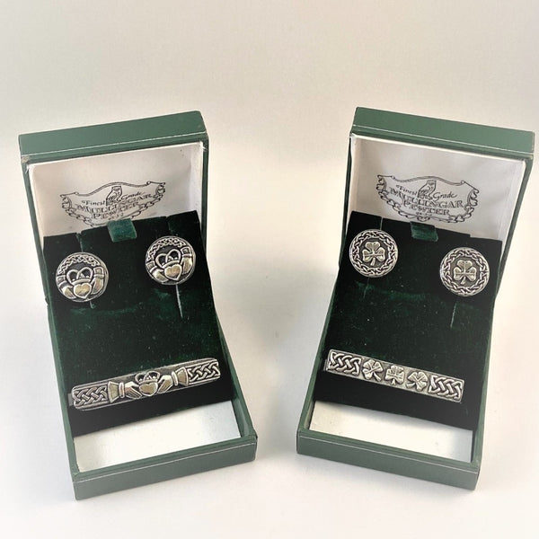 CUFF LINKS AND TIE PIN SETS in Celtic Shamrock knotwork and Celtic Claddagh Knotwork.
