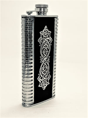 Slimline Celtic  Whiskey Flask With Black Leather Cover And Celtic Strip Design 5OZ Made Of  Pewter Metal. Silver Look Trim Finish 
