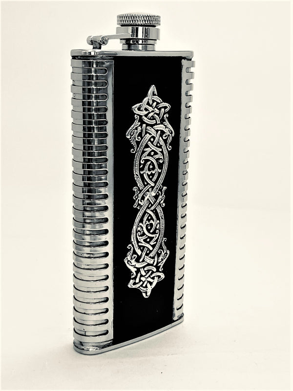 Slimline Celtic  Whiskey Flask With Black Leather Cover And Celtic Strip Design 5OZ Made Of  Pewter Metal. Silver Look Trim Finish