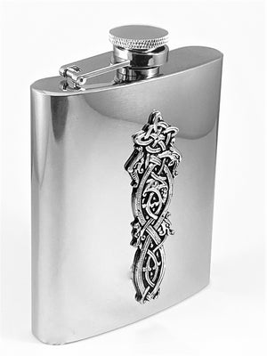 8OZ WHISKEY FLASK WITH CELTIC DESIGN the flask stands 4 1/2" tall and has a Celtic Dragon design embossed in Pewter along its front side. The hip shape is traditional and the safe cap is fixed to the flask so as not to loose. The polished silverware finish gives the stainless steel and pewter a great look. made in Ireland by Mullingar Pewter