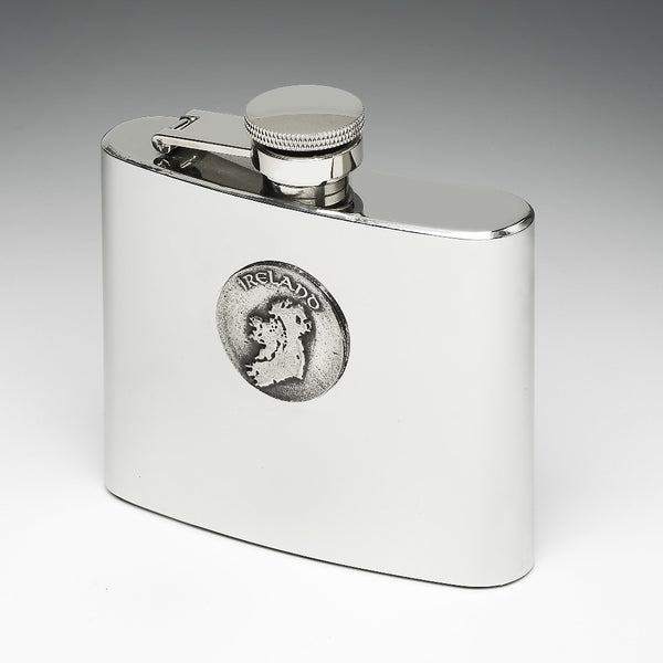 5OZ WHISKEY FLASK made in Ireland with a pewter disc with a map of Ireland attached. The flask is hip shaped and stands 3" tall. Great Irish mans gift. Made in Ireland by Mullingar Pewter
