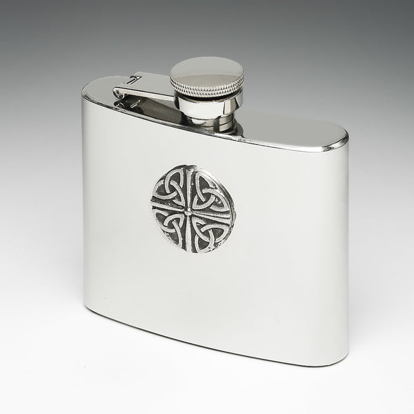 5OZ WHISKEY FLASK made in stainless steel with a pewter trinity shield. the flask is 3"tall and hip shaped. Great for winter Rugby games and all winter sports outings. Made in Ireland by Mullingar Pewter