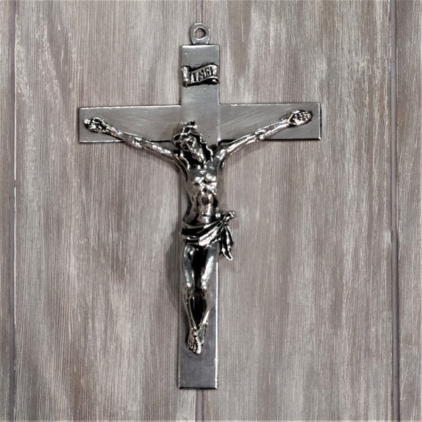 Large Crucifix of Christ on the Cross. Made from silver colour metal called Pewter.