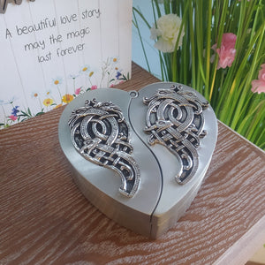 Beautiful Heart shaped silver colour Jewellery box with Mullingar Pewter Celtic Motifs. Separates in the center to hold jewellery