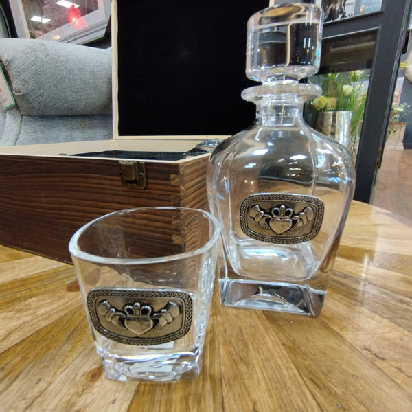 glass decanter and whiskey glass with pewter claddagh design