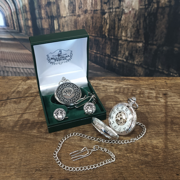 Pocket watch embellished with Mullingar Pewter. presented in a a green presentation box