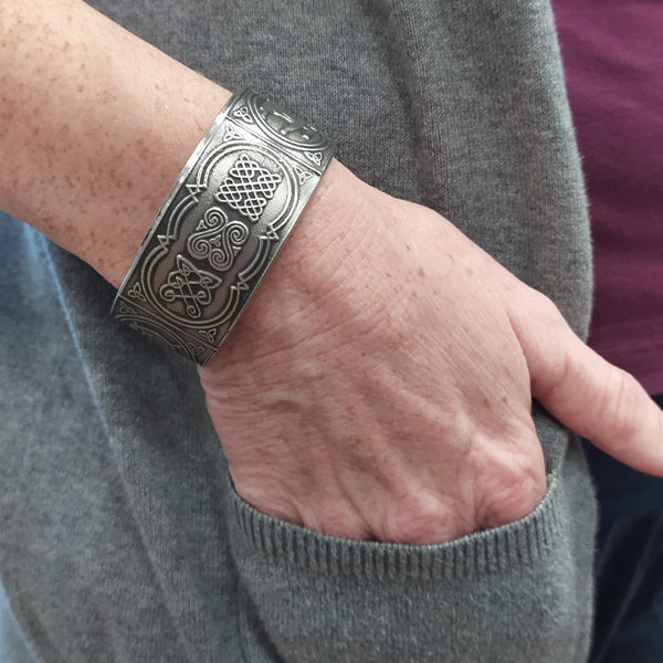 Ladies bangle made from pewter with intricate Celtic knot work