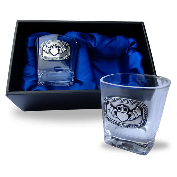 Black giftbox with blue satin insert 2 glasses with pewter metal embellishment
