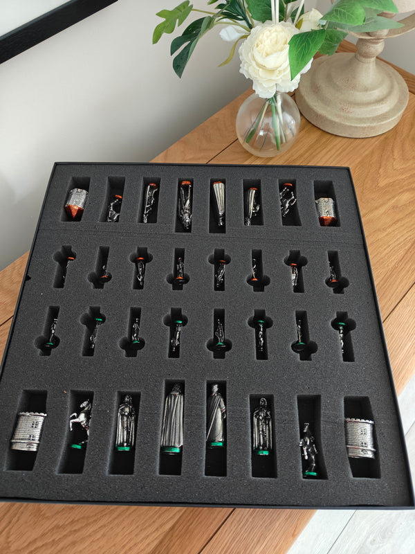 Battle of the Boyle Pewter Chess set on wooden board. packed