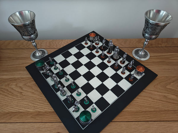Battle of the Boyle Pewter Chess set on wooden board