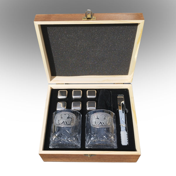 Cut crystal whiskey glasses with Shamrock pewter design, ice cubes and  tong