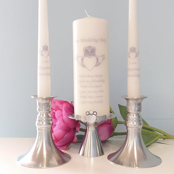 candelabra set made from Pewter metal with claddagh motif. Matching Claddagh candles