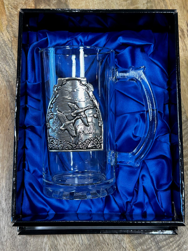 Glass tankard with pewter motif of 2 ducks in flight.  Set in a black presentation box