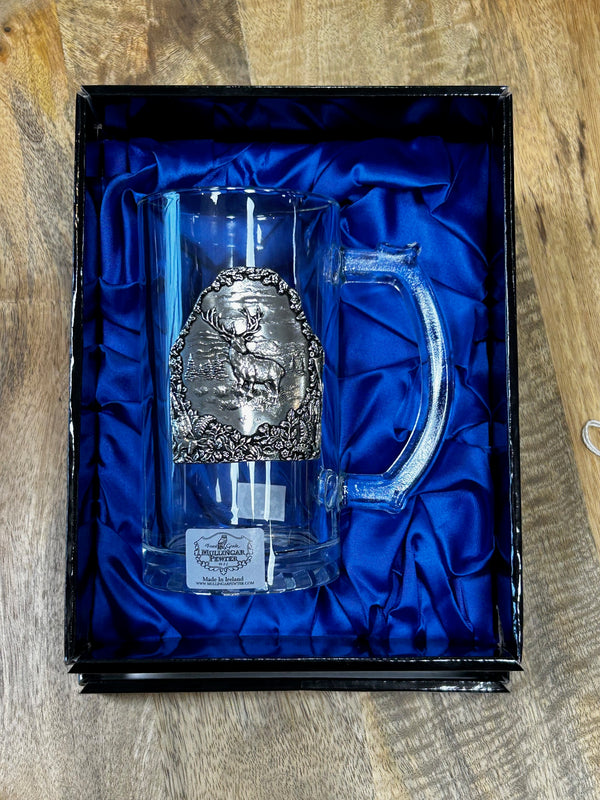 Glass tankard with pewter motif of a stag set in a black presentation box