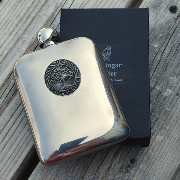 Mullingar Pewter Drinks Flask with Irish Embellishment