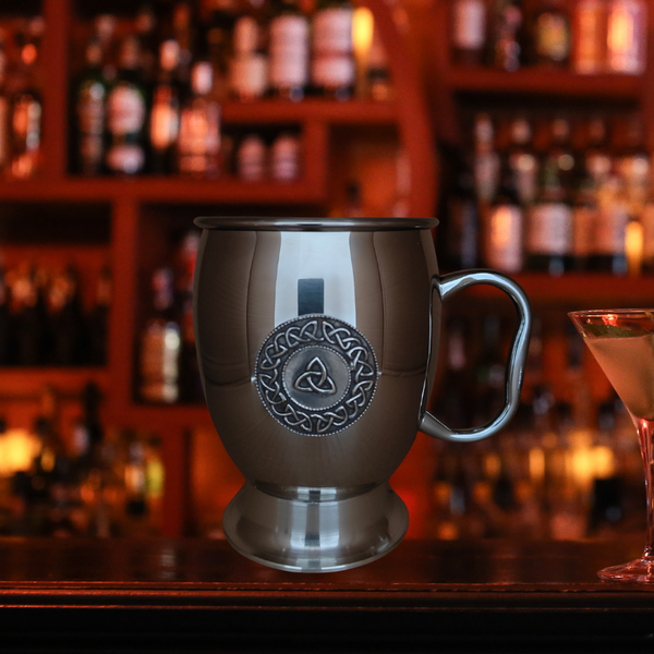 Silver Coloured Tankard with Pewter Base and Irish Designs