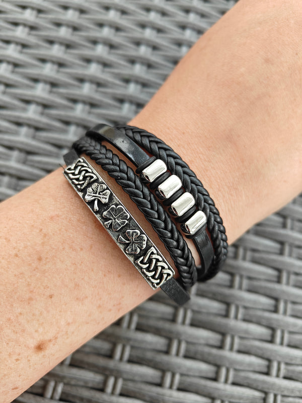 Unisex Leather-like Pewter Bracelet