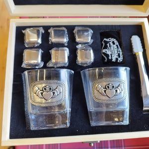 Whiskey glass set with pewter Claddagh design stainless steel ice cubes and a tongs