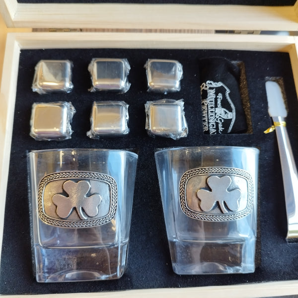 Whiskey glass set with pewter Shamrock design.  Stainless steel ice cubes and a tongs