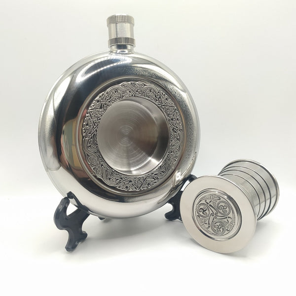 Round Pocket Whiskey Flask with Expandable Cup.