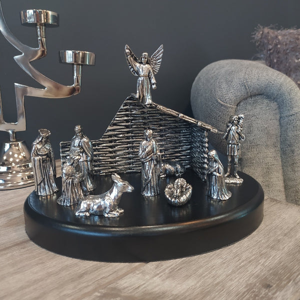 Nativity Crib Christmas Set in Pewter.