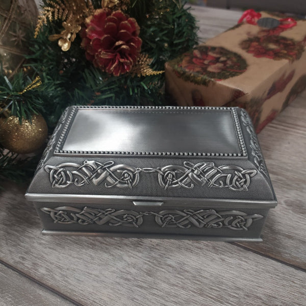 Mullingar Pewter Jewellery box with celtic motif.