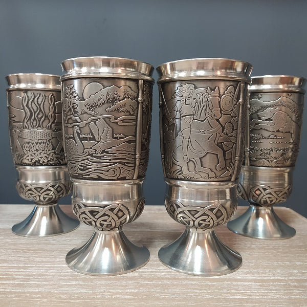 Set of 4 Silver pewter Goblets depicting 4 Irish legends