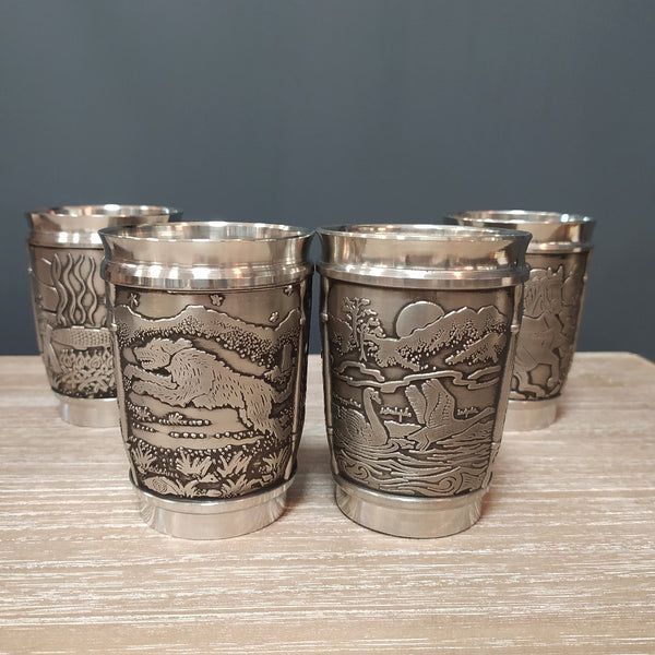Set of 4 Pewter beakers depicting the Legends of Ireland