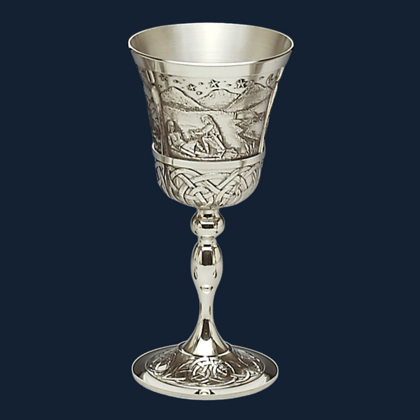Na Fianna, an Irish Myth, depicted on a Mullingar Pewter Wine Goblet.