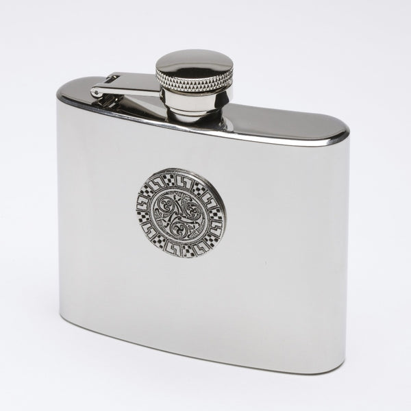 5OZ WHISKEY FLASK made of stainless steel with pewter Celtic design. the flask is hip shaped and has a safety cap . made in Ireland by Mullingar Pewter