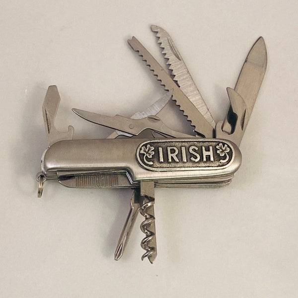 ARMY KNIFE IN STAINLESS STEEL. THE KNIFE HAS MULTIBLE TOOLS AND BLADES . THE POCKET KNIFE IS GREAT FOR OUTDOOR USE. THIS KNIFE ALSO HAS IRISH ON THE SIDE OF THE OUTER CASE IN PEWTER