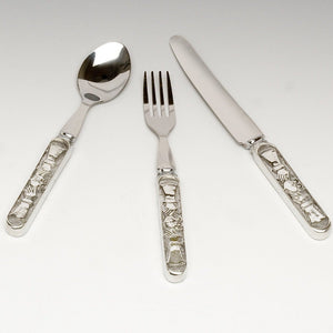 BABY KNIFE, FORK AND SPOON MADE OF STAINLESS STEEL BLADES AND PEWTER HANDLES WITH CLADDAGH DESIGN. PERFECT AS AN EDUCATOR SET FOR BABY.