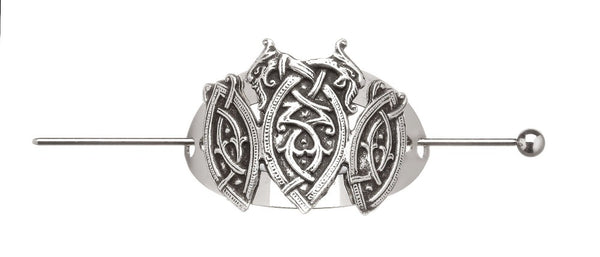 THREE SHEILDS OF CELTIC DESIGN COME TOGETHER TO MAKE THIS SYLISH HAIR PIN. MADE OF PEWTER WITH AGREAT SILVER SHINE AND PEWTER CELTIC FILIGREE. MADE IN IRELAND