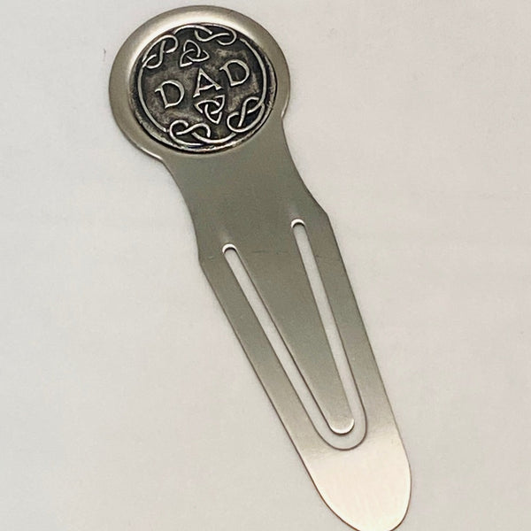BOOKMARK DAD STAINLESS STEEL METAL WITH PEWTER/SILVER DECORATION. ALL METAL THIS 5" LONG BOOKMARK MAKES A GREAT FATHERS DAY GIFT. IRELAND