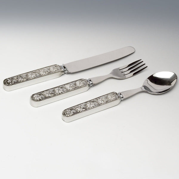 SHAMROCK PEWTER HANDLED STAINLESS STEEL BABY KNIFE, FORK AND SPOON SET. PEWTER STAINLESS STEEL PEWTER METAL SILVER FINISH MADE IN IRELAND