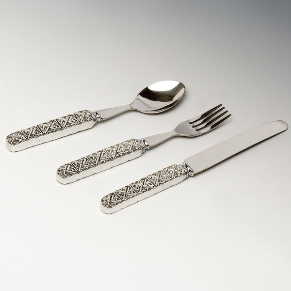 PEWTER BABY KNIFE, FORK AND SPOON SET WITH STAINLESS STEEL BLADES. THE DESIGN ON THE PEWTER HANDLES ARE CELTIC KNOT. PEWTER METAL SILVER FINISH MADE IN IRELAND