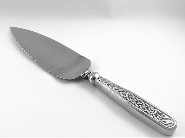CELTIC HANDLED CAKE SERVER. This server is 11" long and makes a great engagement gift or wedding gift. The handle is embossed in Celtic design and the handle and stainless steel blade are polished to a high silverware finish. Handmade in Ireland by Mullingar Pewter