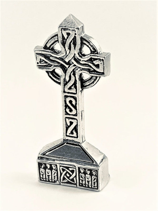 SMALL CELTIC CROSS STANDING 3 1/2 INCHES HIGH. THIS IS TYPICAL OF CELTIC CROSSES FROM  ALL PARTS OF IRELAND. Pewter metal in silver finish
