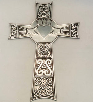 Celtic Claddagh wall Cross MADE OF PEWTER METAL WITH WARM SILVER FINISH AND DARK METAL RECESS. MADE IN IRELAND