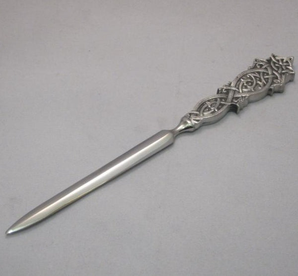 THIS 9" LONG PAPER KNIFE/ LETTER OPENER COMES WITH A CELTIC DRAGON HANDLE WITH INTWINED CELTICT KNOT AND STAINLESS STEEL BLADE. PEWTER HAND MADE IN IRELAND