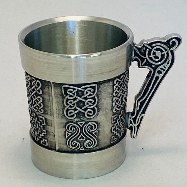 1oz Shot Measure with celtic design and handle. MADE OF PEWTER WITH SILVER LOOK . Great Grooms gift, best man gift.